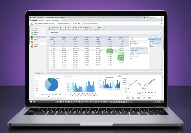 Domain Portfolio Tracker spreadsheet on MacBook with charts and data